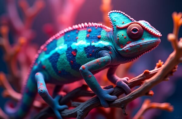 A chameleon blending playfully into a background made of swirling colors