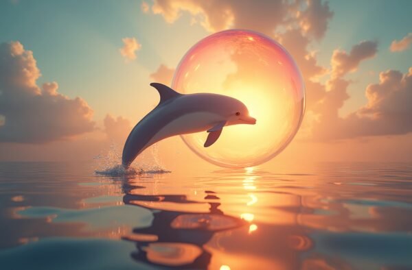 A dolphin jumping in a giant bubble through a shimmering sunset sky