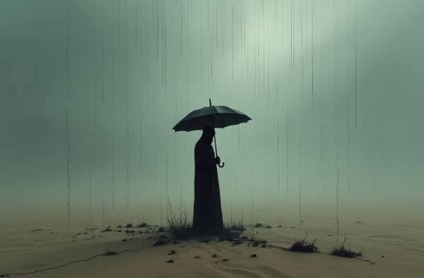 faceless person standing in a desert under a sky raining black ink