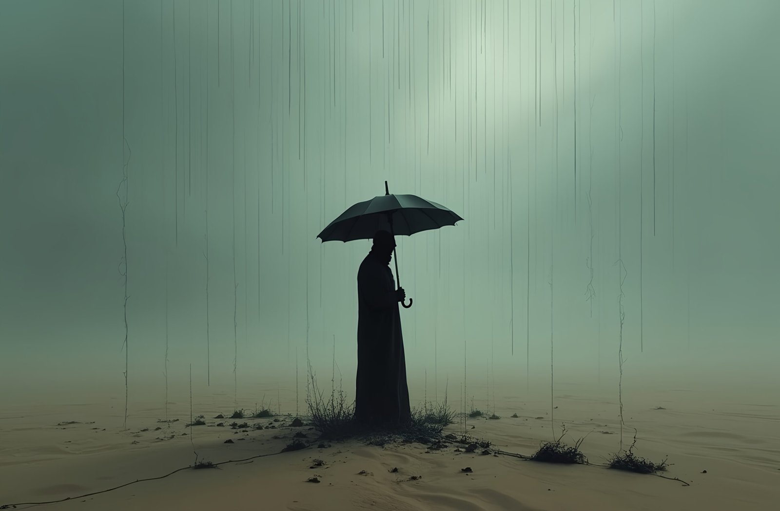 Surreal image of faceless person holding dark umbrella standing in vast desert under sky raining black ink drops