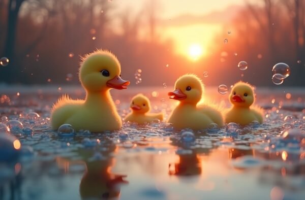 A family of cute ducks floating in bubbles across a pond