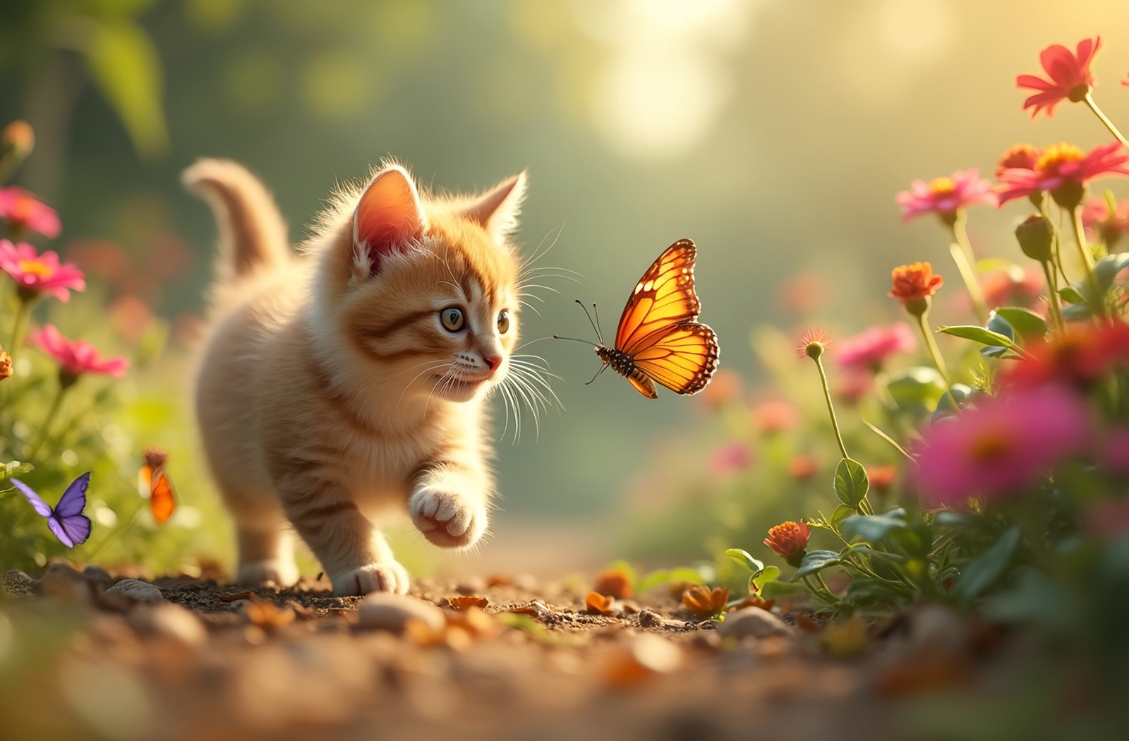 Adorable fluffy kitten playfully chasing colorful butterfly through vibrant flower garden filled with blooming plants