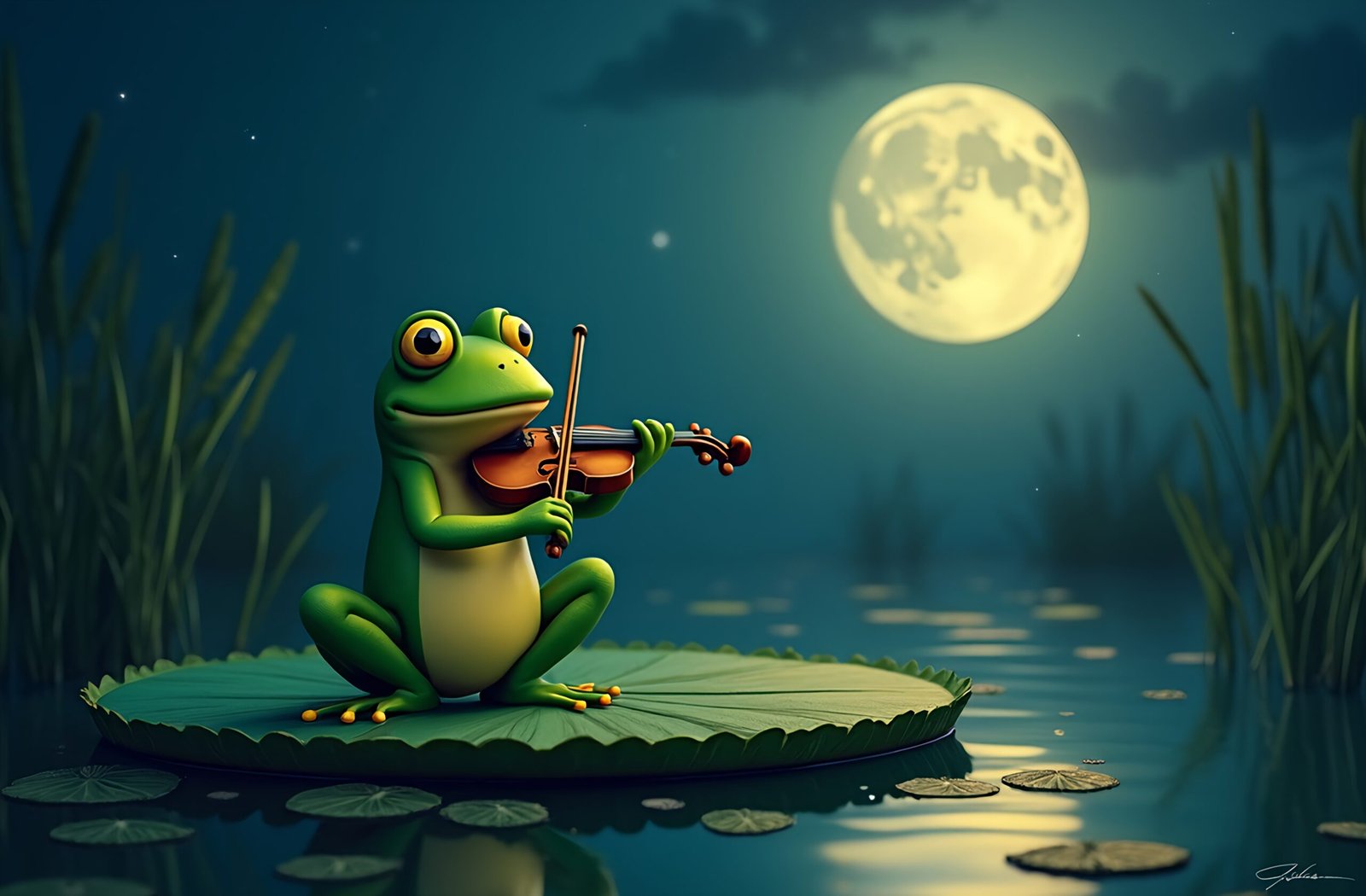 Whimsical frog playing violin while standing on lilypad stage in moonlit pond creating magical musical performance scene