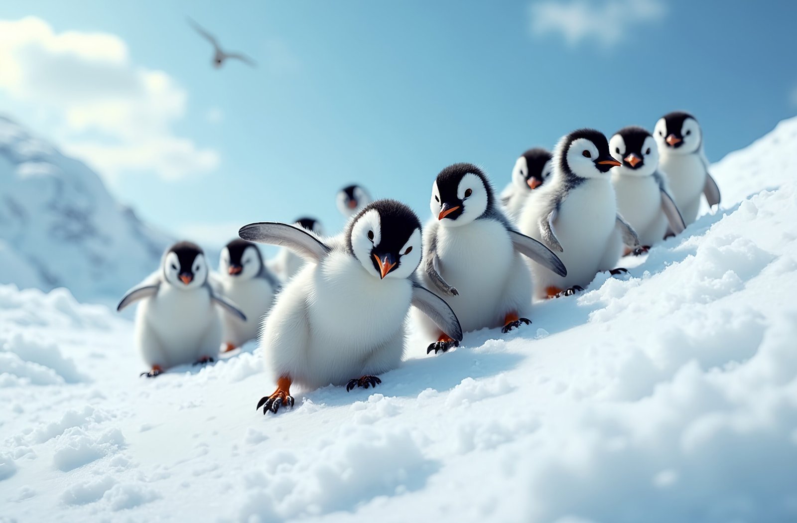 Fluffy baby penguin chicks playing on snow in winter landscape