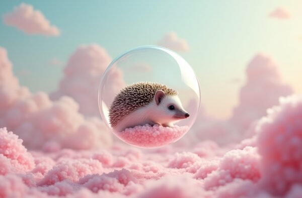 A hedgehog floating gently inside a giant transparent bubble across a surreal pastel landscape