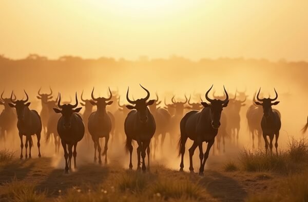 A herd of wildebeest migrating across the African savannah
