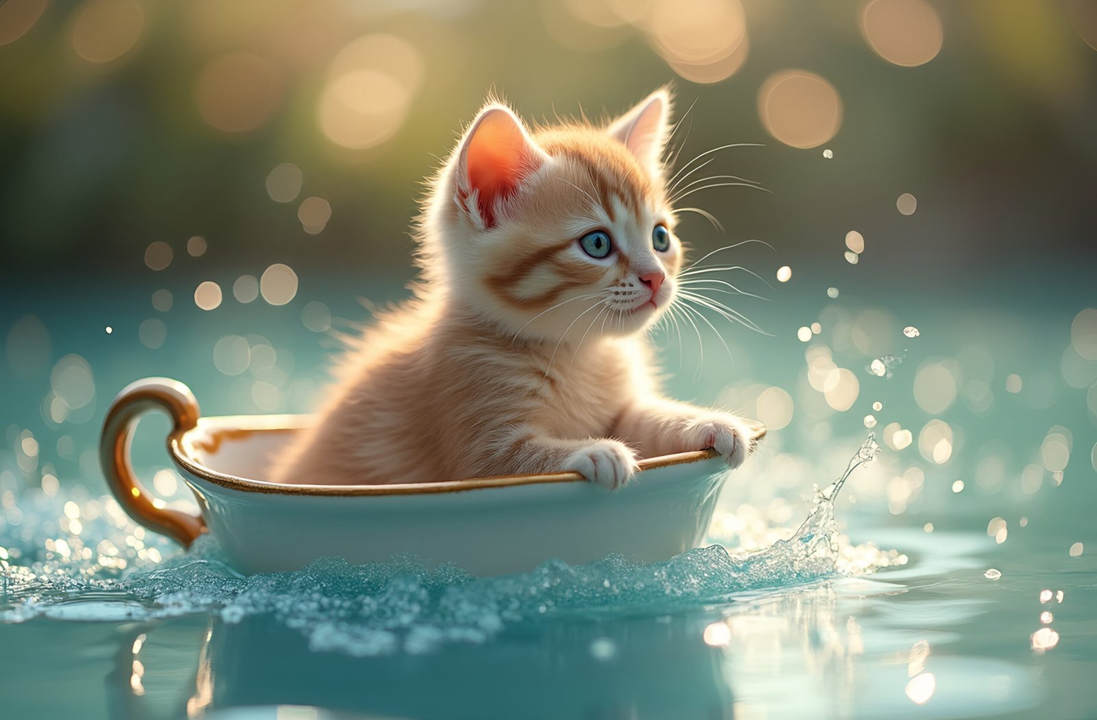 A cute kitten sailing in a teacup shaped boat across a sparkling lake