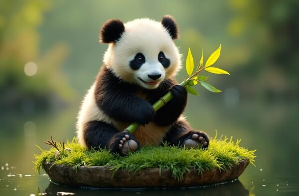 Panda cub sitting on a floating island of grass, munching on a bamboo stick
