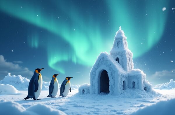 A penguin family going into a snow-castle under swirling auroras
