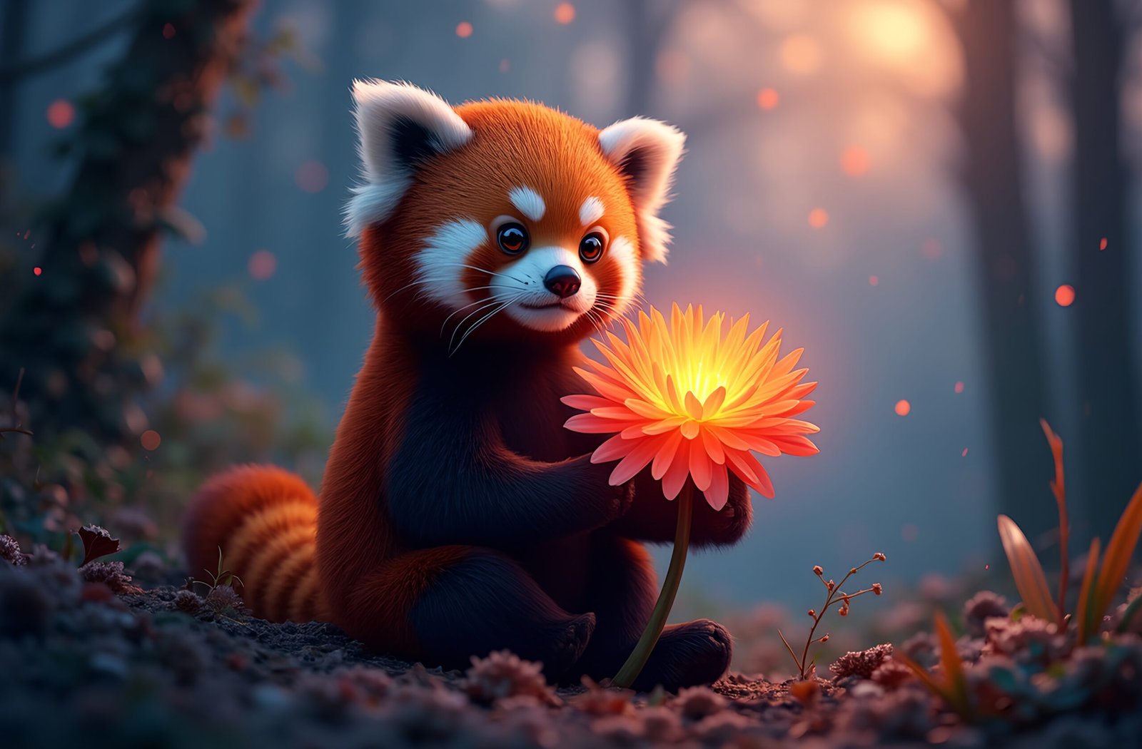 Adorable red panda holding large glowing luminous flower in dreamy twilight forest with magical surreal lighting effects