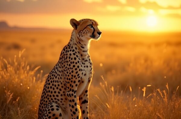 A regal cheetah sitting tall in golden grasslands