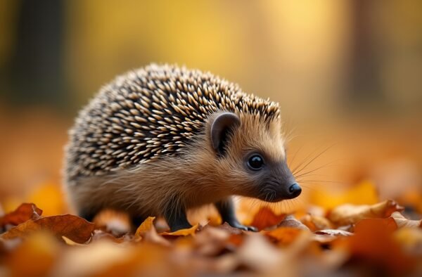 A small hedgehog walking through a carpet of autumn leaves