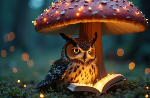 A wise old owl reading a glowing book under a massive magical mushroom