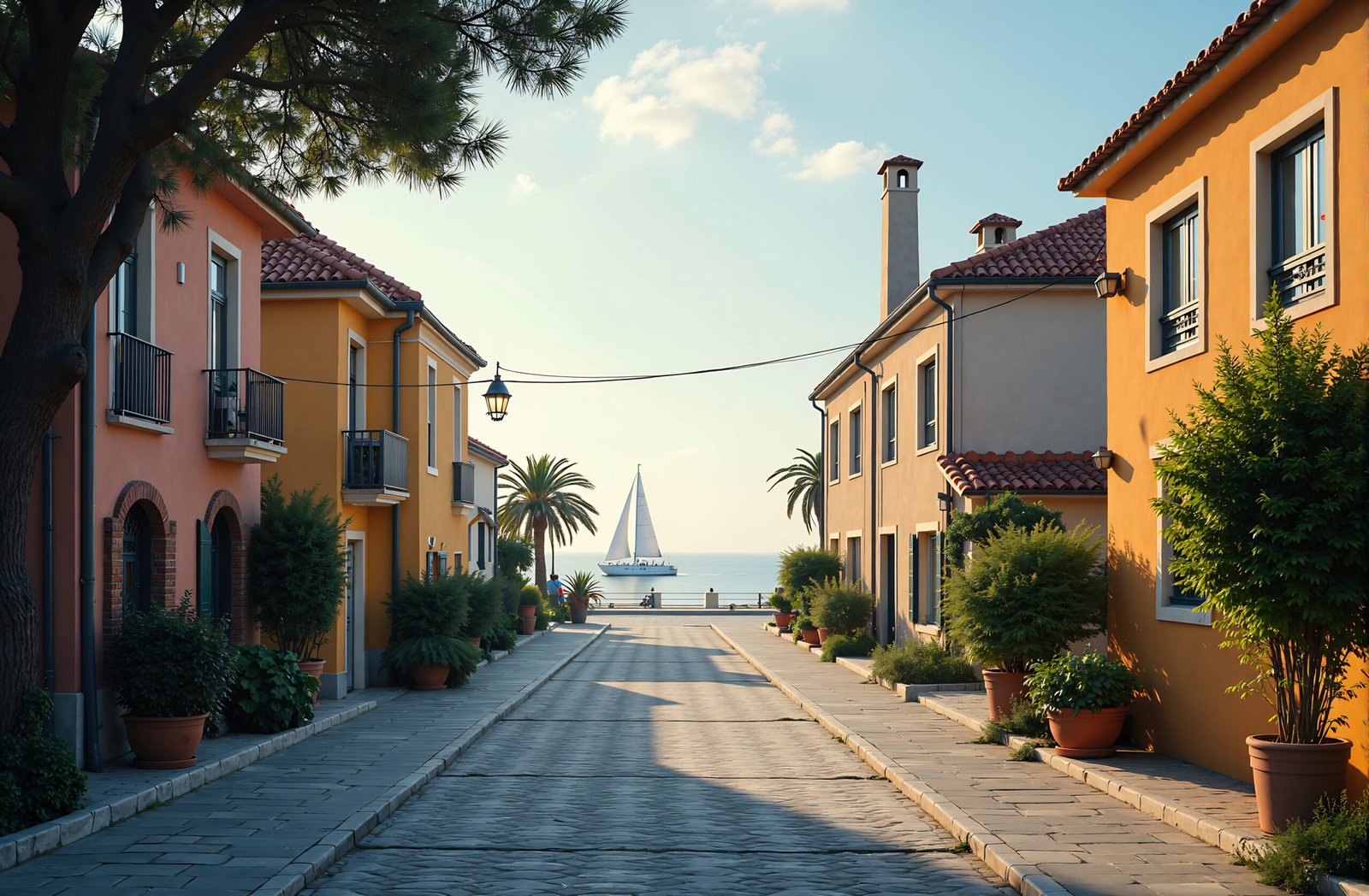 Quiet empty street in charming coastal town with buildings and ocean atmosphere