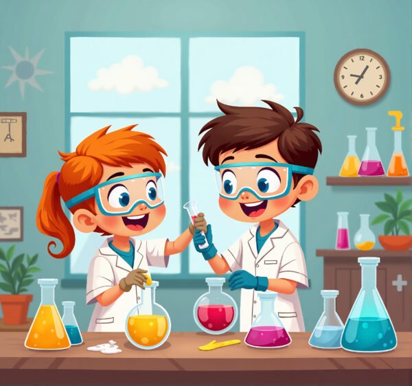 Colorful vector of kids doing science experiments in a lab classroom, wearing goggles and mixing colorful liquids