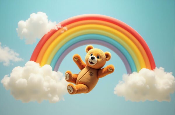 A baby bear sliding down a rainbow that arches between two fluffy clouds