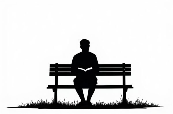 Silhouette of man reading on park bench