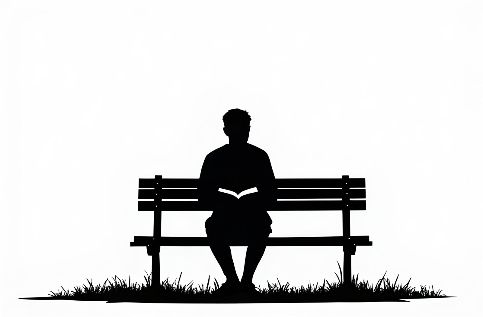 Black silhouette of man sitting on park bench reading book against white background