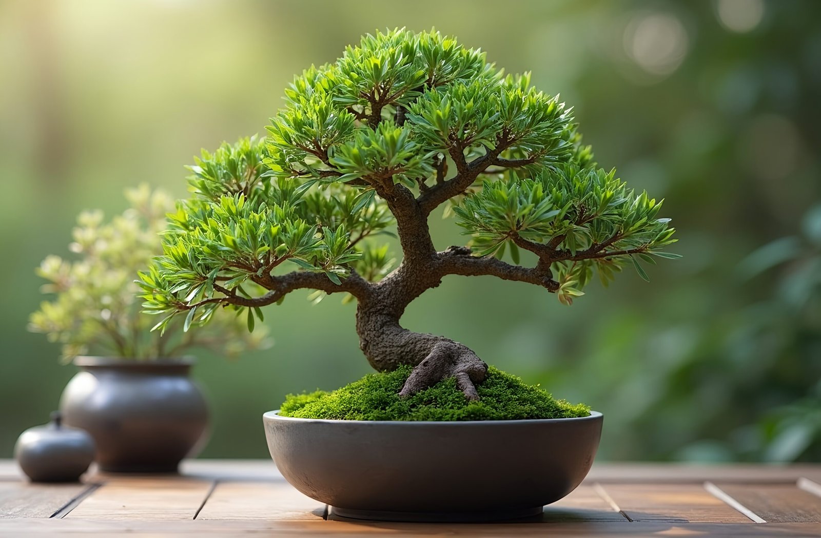 Small bonsai tree in ceramic dish with soft zen garden background showing peaceful meditation and mindfulness imagery