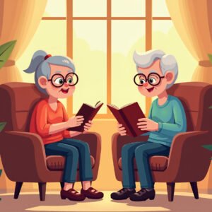 Elderly couple enjoying reading in cozy setting