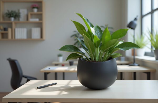 ZZ plant in a matte black pot on a minimalist office desk