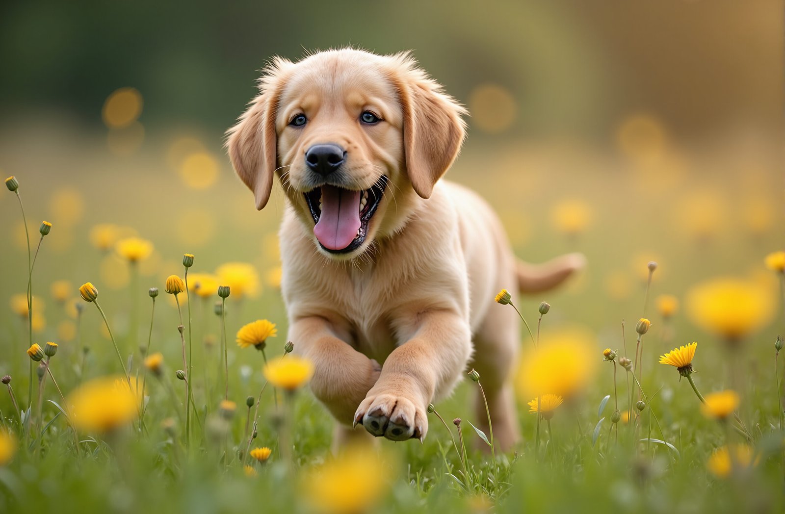 Adorable golden retriever puppy playing happily in colorful wildflower meadow on sunny day