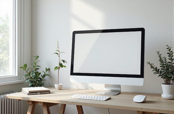 Clean minimal workspace with blank computer screen for website and app mockup presentations