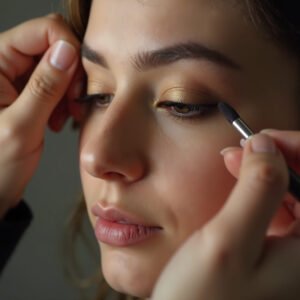 Close-up of makeup artist applying eyeshadow to model—ideal for beauty tutorials, cosmetic showcases, and makeup artistry content