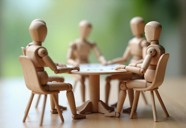 wooden figures gathered around a miniature table with tiny documents, team meeting or brainstorming session