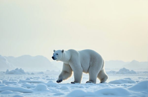 A polar bear walking across an icy tundra under a pale winter sky
