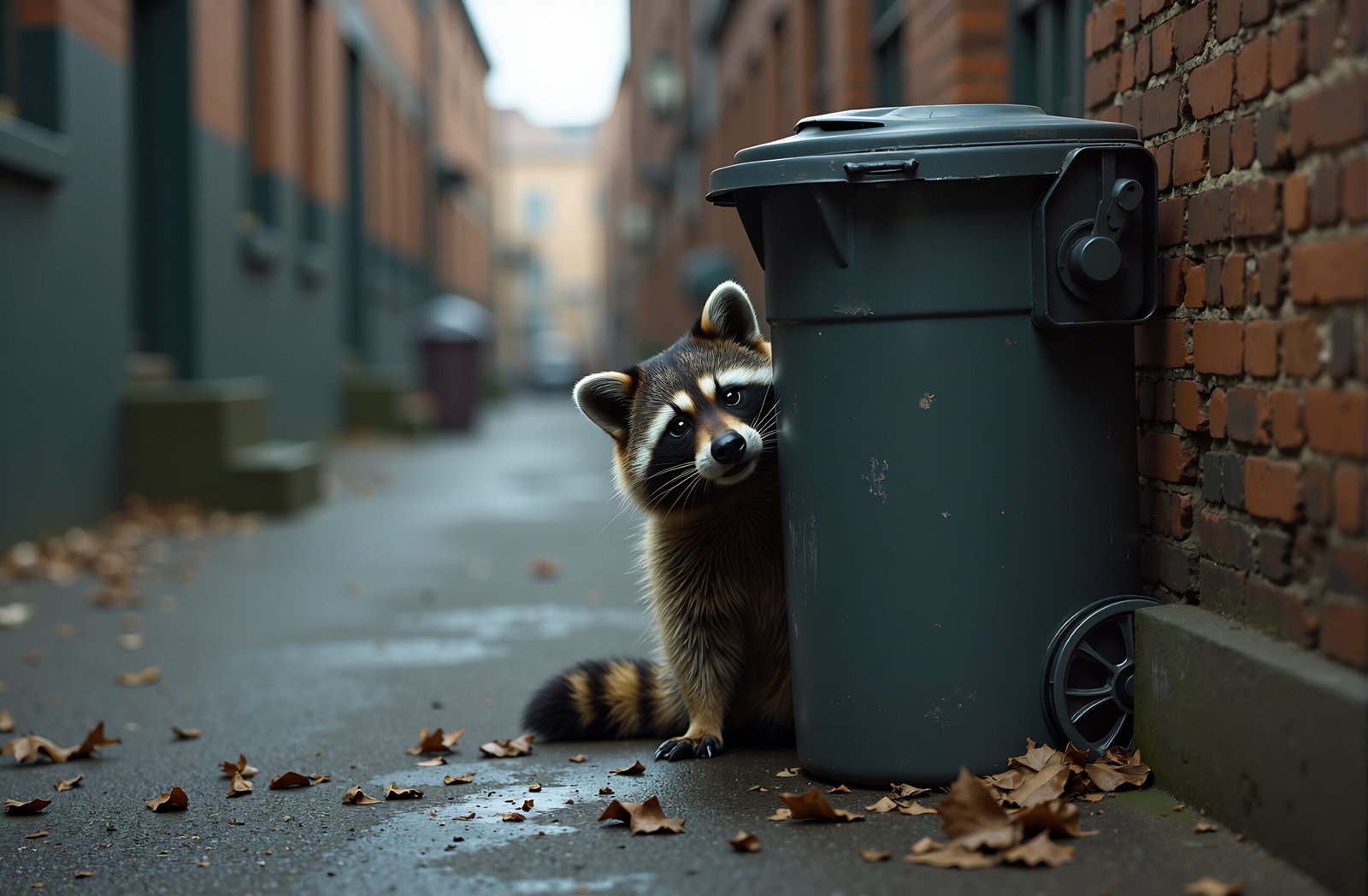 Curious raccoon with distinctive mask markings peeking out cautiously from behind metal trash can in urban city alley