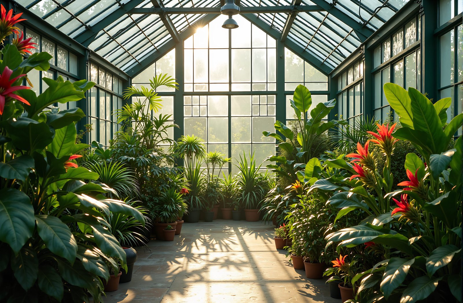 Lush greenhouse interior filled with colorful tropical plants and flowers in botanical garden setting
