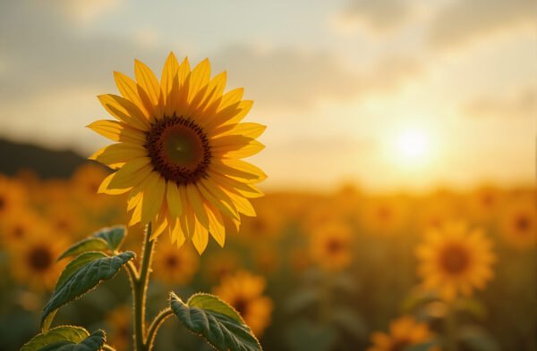 Single sunflower facing the sun in a wide field