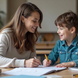 Teacher and student having a one-on-one discussion in classroom