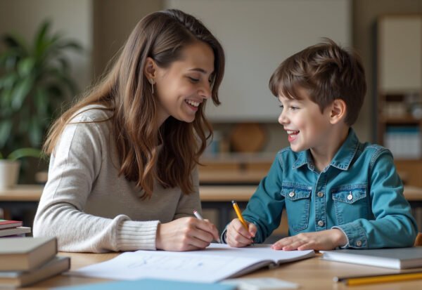Teacher and student having a one-on-one discussion in classroom