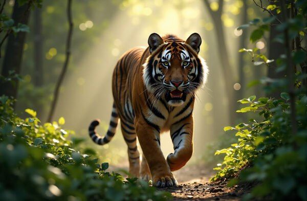 A Bengal tiger prowling through dense jungle under sunlight