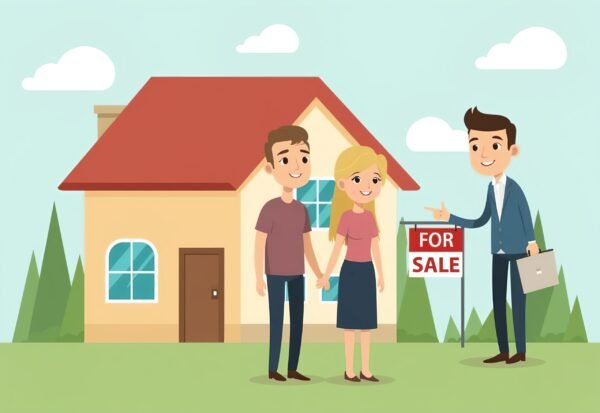 Happy couple standing with real estate broker in front of house for sale celebrating home purchase