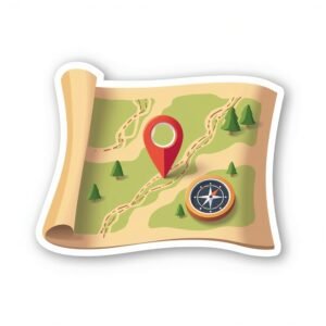 Flat vector sticker of folded travel map with trail markings and compass isolated on white background