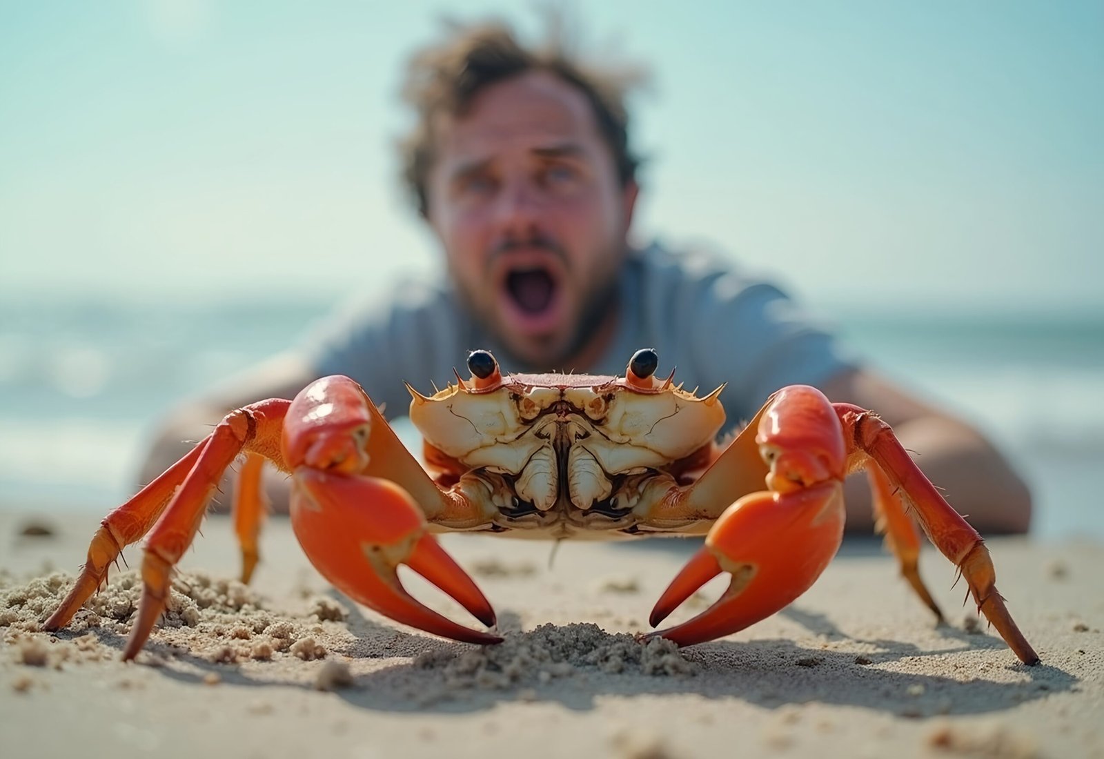 Scared man looking nervously at crab on sandy beach during summer vacation ocean encounter