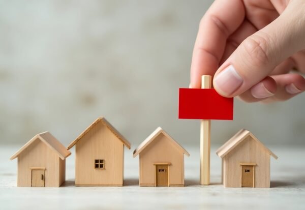 Hand holding red sign among wooden toy houses