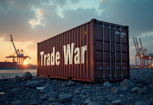 container on the shore with text Trade War written on it