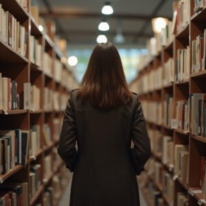 Third-person view of a woman walking through a bookstore aisle, browsing titles