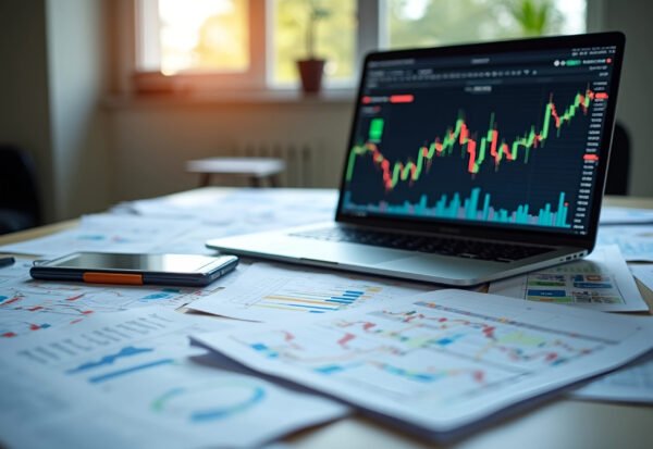 desk covered with financial reports and laptop displaying stock trading platform