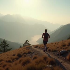 Man jogging on scenic mountain trail path