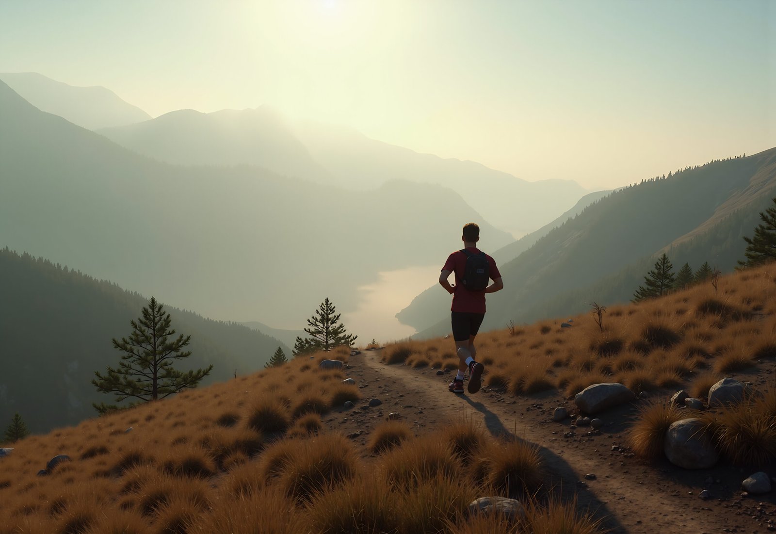 Man jogging on scenic mountain trail path