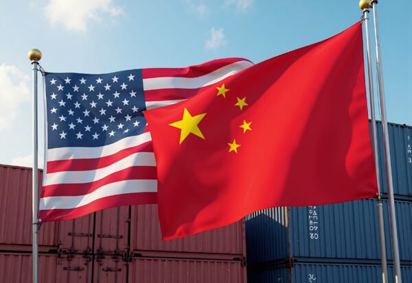 American and Chinese flags positioned side by side with stacked cargo containers at shipping port