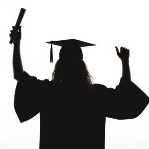 Black silhouette of graduate woman celebrating with raised hands holding diploma and wearing graduation cap
