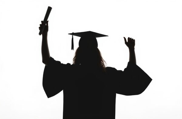 Silhouette of graduate celebrating with diploma raised