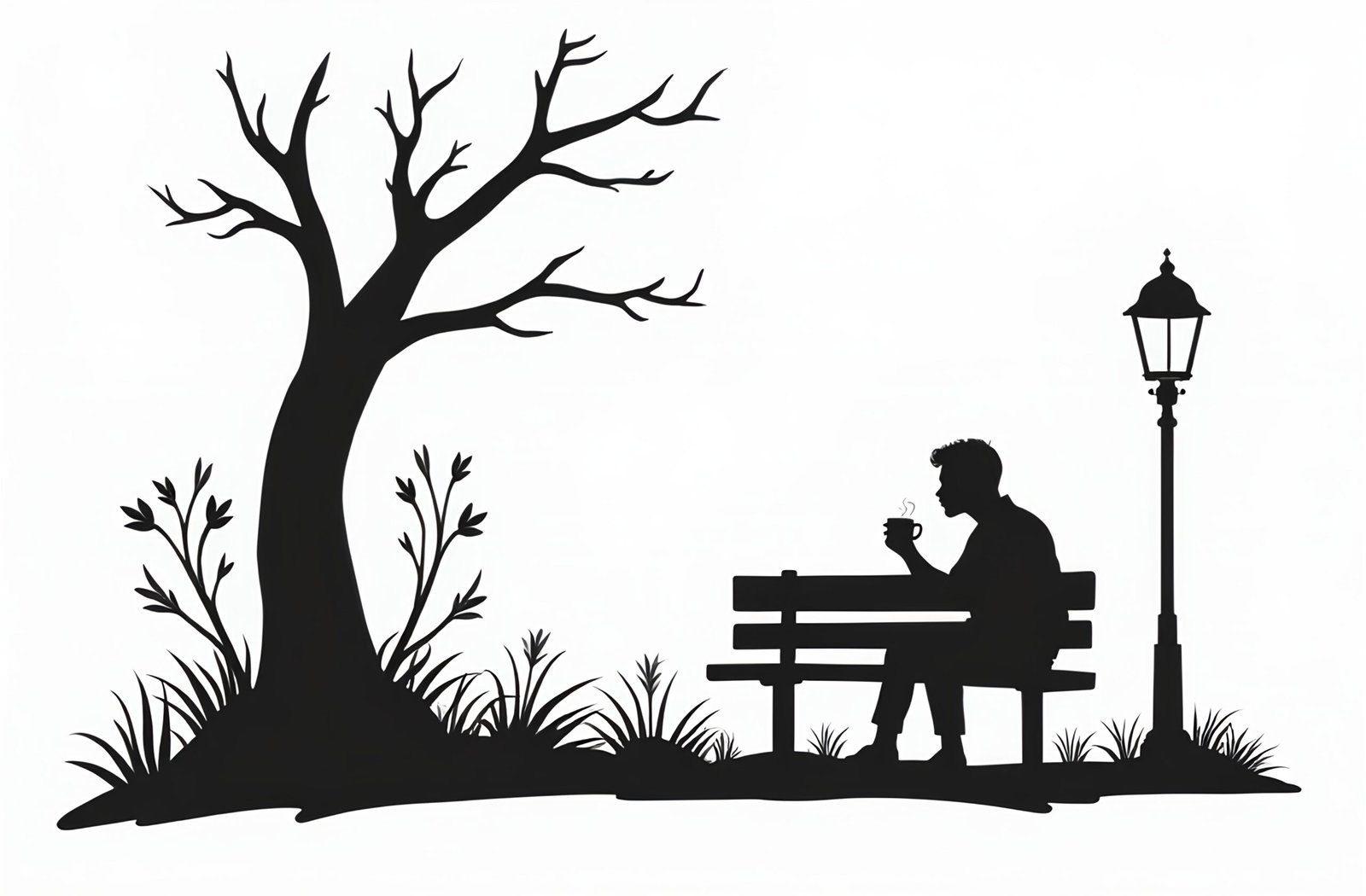 Silhouette of man sitting alone on park bench drinking hot coffee—ideal for lifestyle, coffee culture and relaxation visuals