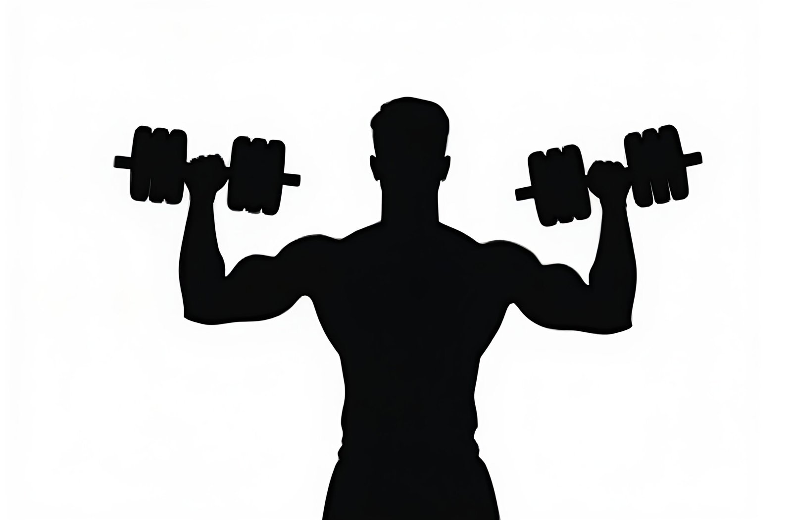 Silhouette of a man lifting dumbbells with arms raised, showing defined upper body motion